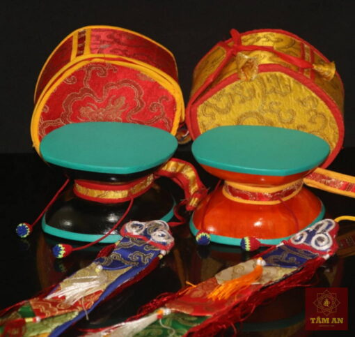 Trống Damaru bằng gỗ mặt da cừu xanh 12 cm