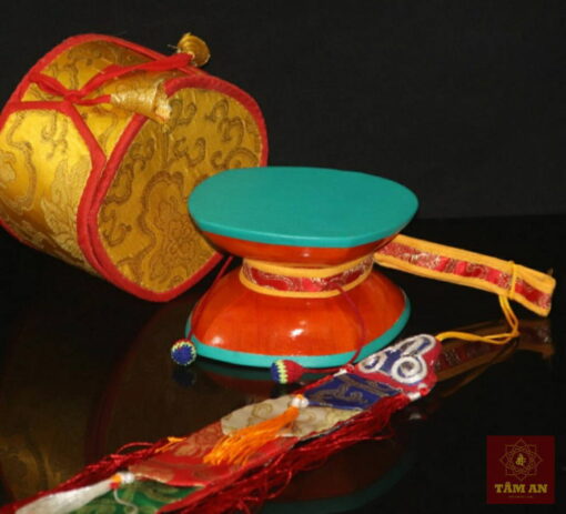 Trống Damaru bằng gỗ mặt da cừu xanh 12 cm - Ảnh 3