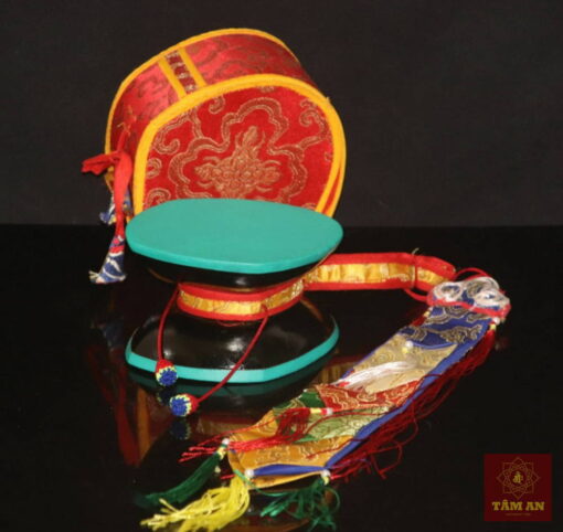 Trống Damaru bằng gỗ mặt da cừu xanh 12 cm - Ảnh 4