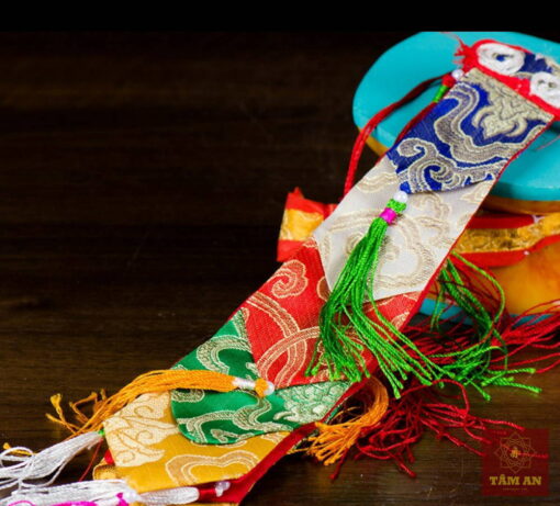 Trống Damaru màu vàng mặt da cừu xanh 13 cm - Ảnh 4